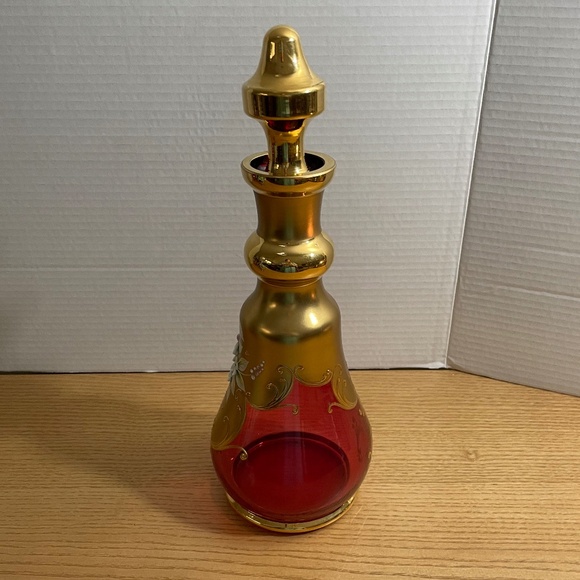 Bohemian Czech Ruby Red Gold Gilt Crystal Decanter & 4 Glasses Enamel Flowers - Picture 5 of 15